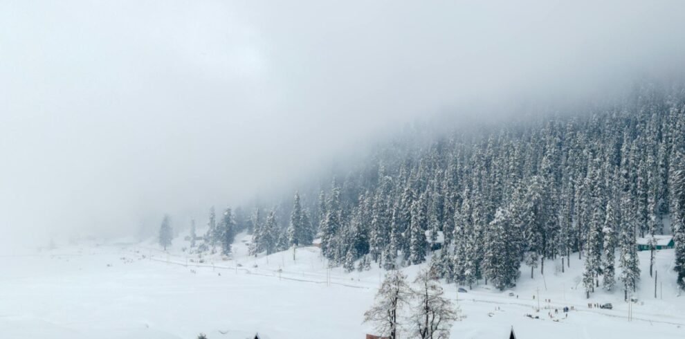 Skiers walking through snow-covered cabins and pine forests in Gulmarg, Kashmir during peak winter season