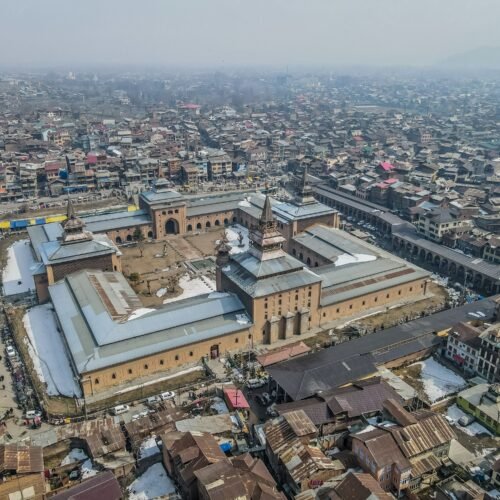 Aerial view of Jama Masjid in the Old City of Srinagar, Kashmir.