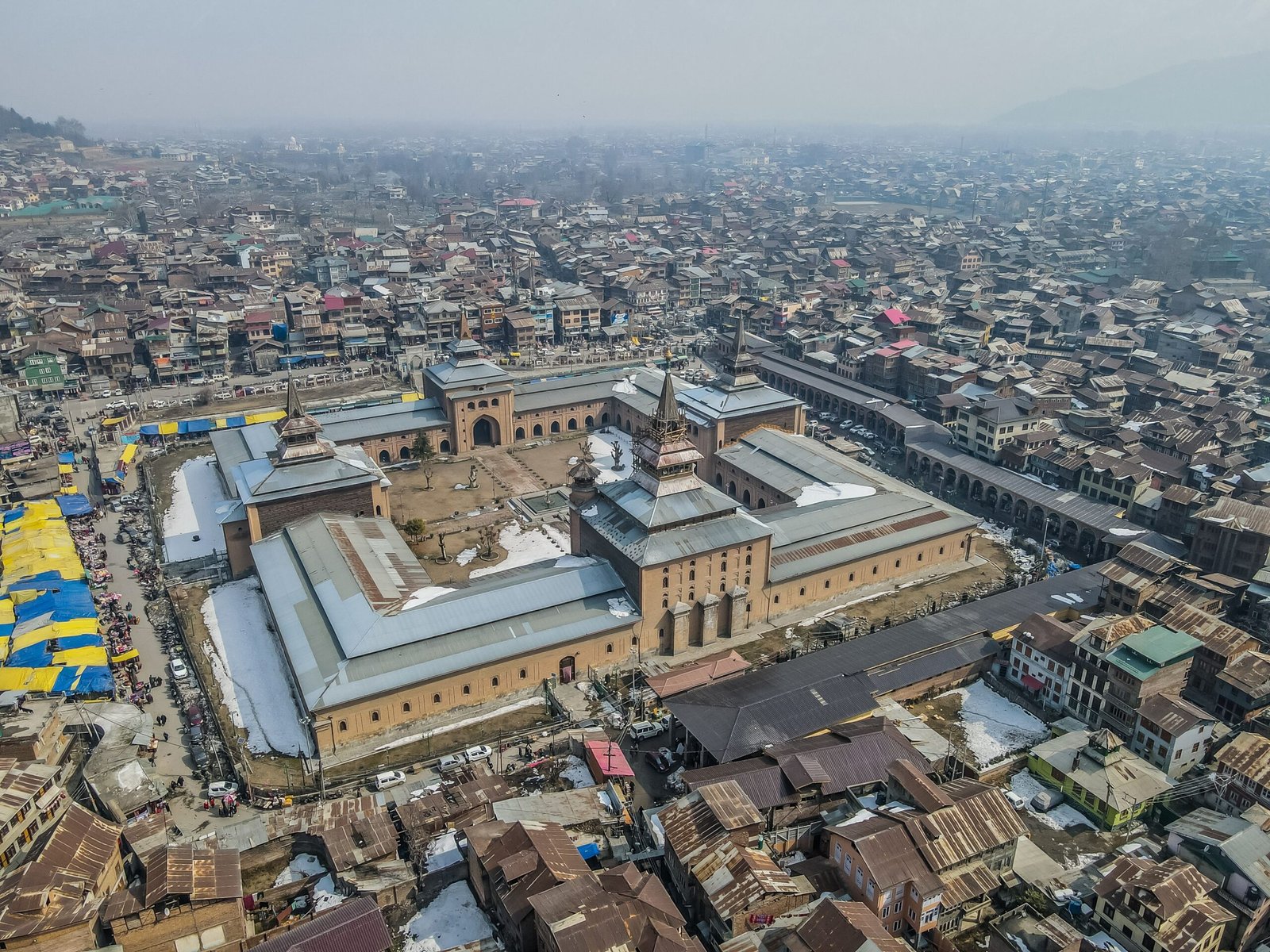 Aerial view of Jama Masjid in the Old City of Srinagar, Kashmir.