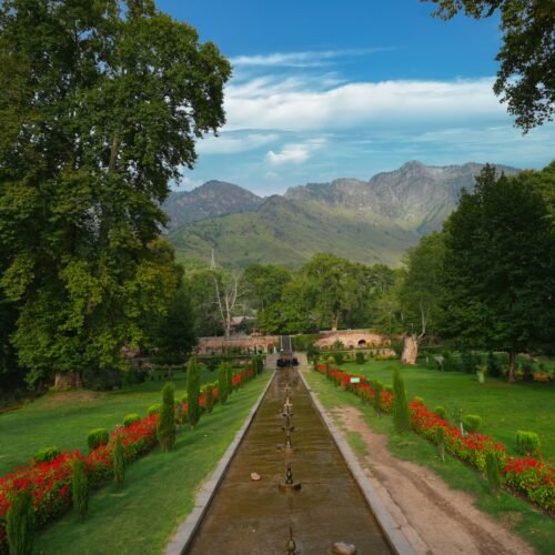 Shalimar Bagh Mughal Garden in Srinagar with terraced water channels, Chinar trees and Himalayan views.